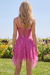 Dressystars Fuchsia Floral Beaded A-Line Corset Short Homecoming Dress