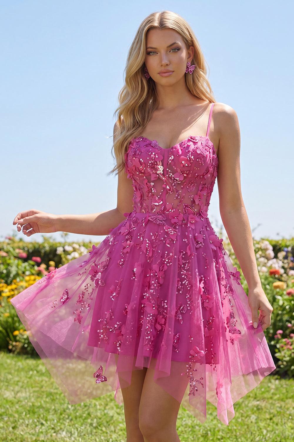 Dressystars Fuchsia Floral Beaded A-Line Corset Short Homecoming Dress