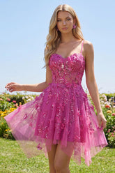 Dressystars Fuchsia Floral Beaded A-Line Corset Short Homecoming Dress