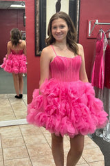 Dressystars Fuchsia Homecoming Dress Corset Floral A-Line Short Prom Dress with Lace