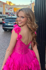 Dressystars Fuchsia Homecoming Dress Corset Floral Ruffled Short Prom Dress with Lace