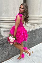 Dressystars Fuchsia Homecoming Dress Corset Floral Ruffled Short Prom Dress with Lace