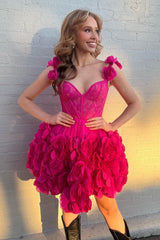 Dressystars Fuchsia Homecoming Dress Corset Floral Ruffled Short Prom Dress with Lace