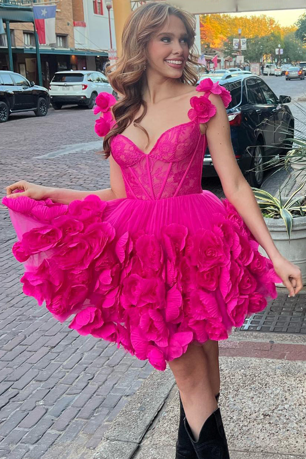 Dressystars Fuchsia Homecoming Dress Corset Floral Ruffled Short Prom Dress with Lace