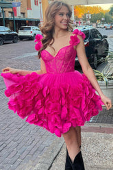 Dressystars Fuchsia Homecoming Dress Corset Floral Ruffled Short Prom Dress with Lace