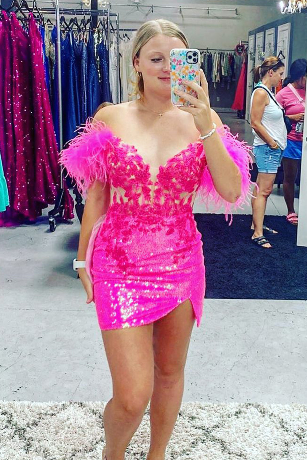 Dressystars Fuchsia Homecoming Dress Corset Sequin Tight Short Prom Dress with Feathers