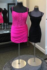 Dressystars Fuchsia Homecoming Dress Corset Spaghetti Straps Tight Short Prom Dress with Lace