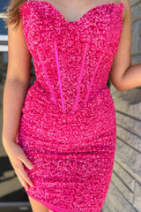 Dressystars Fuchsia Homecoming Dress Corset Sweetheart Sequin Tight Short Prom Dress
