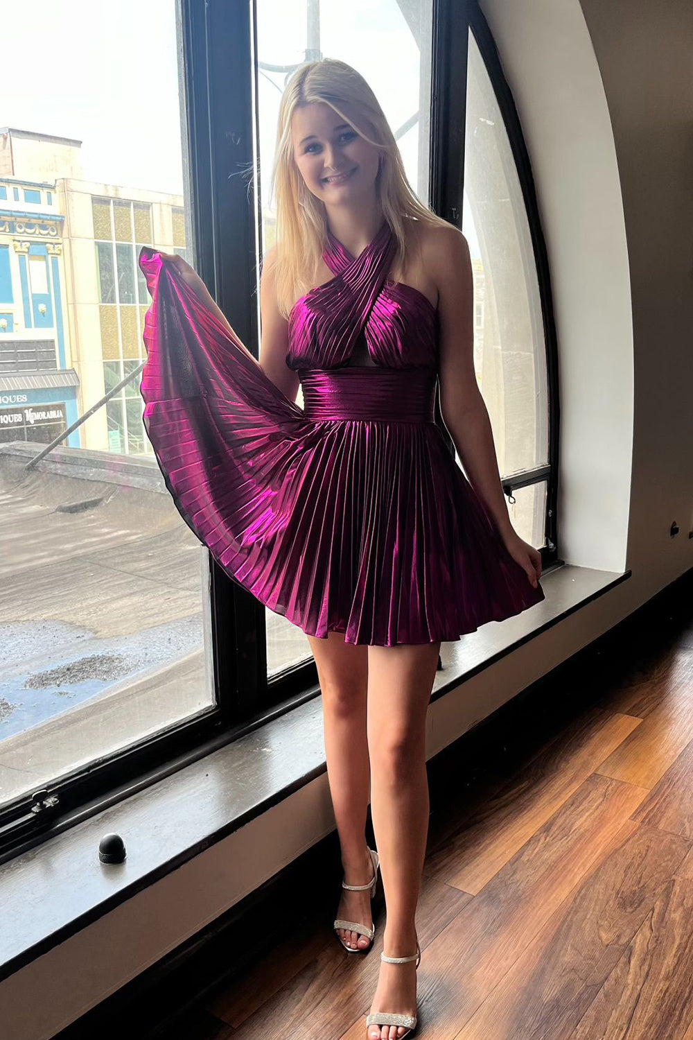 Dressystars Fuchsia Homecoming Dress Criss Cross Halter A Line Satin Short Prom Dress