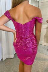 Dressystars Fuchsia Homecoming Dress Detachable Off the Shoulder Sequin Tight Prom Dress