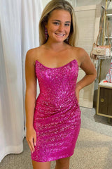 Dressystars Fuchsia Homecoming Dress Detachable Off the Shoulder Sequin Tight Prom Dress