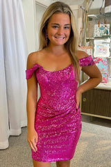 Dressystars Fuchsia Homecoming Dress Detachable Off the Shoulder Sequin Tight Prom Dress