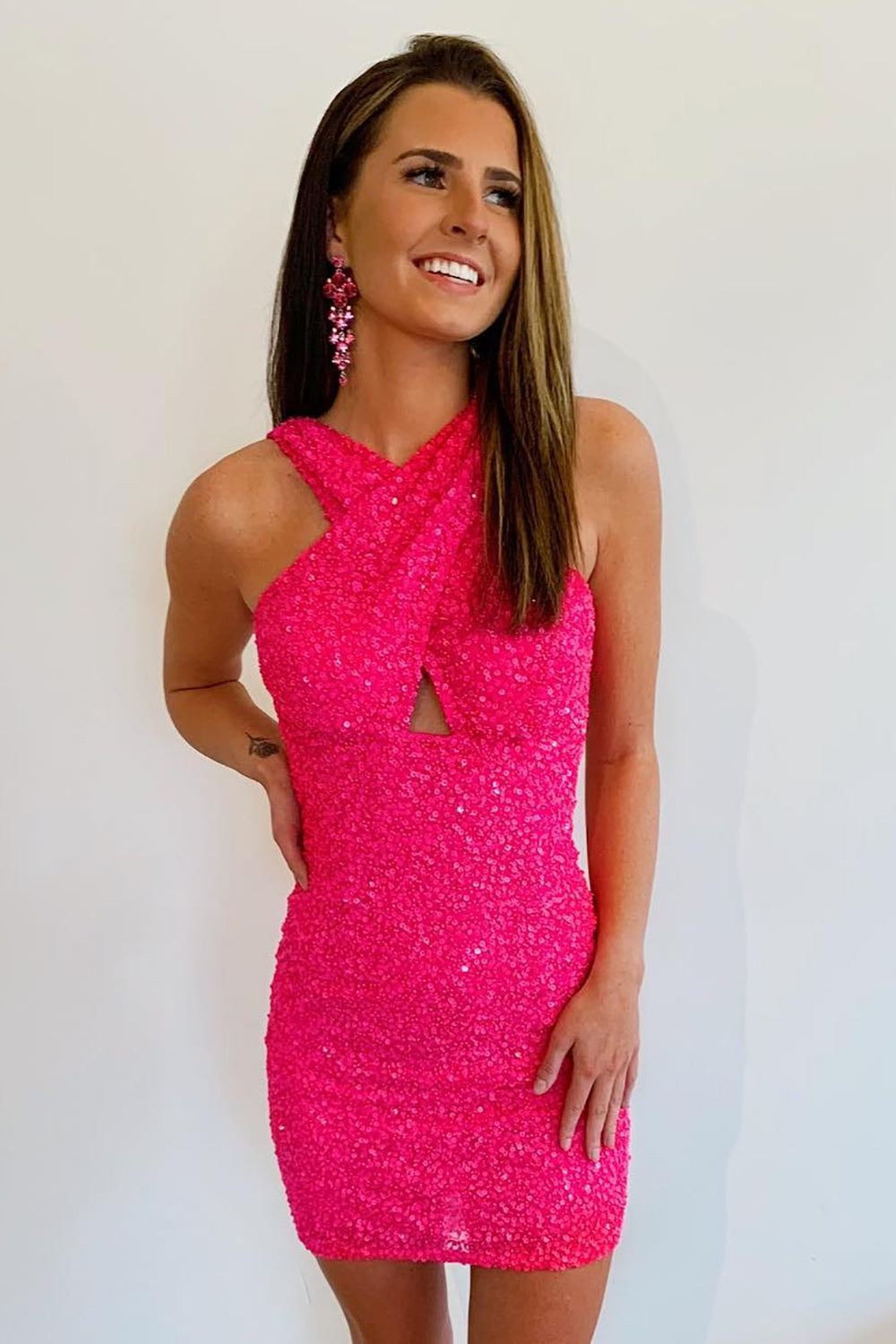 Dressystars Fuchsia Homecoming Dress Halter Sleeveless Sequined Prom Dress