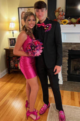 Dressystars Fuchsia Homecoming Dress Halter Tight Short Prom Dress with Beadings