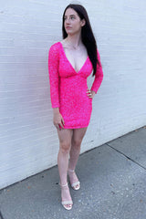 Dressystars Fuchsia Homecoming Dress Long Sleeves Tight Short Sequin Prom Dress