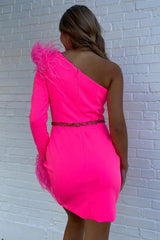 Dressystars Fuchsia Homecoming Dress One Shoulder Sequined Tight Short Prom Dress with Feathers