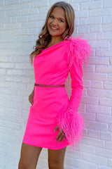 Dressystars Fuchsia Homecoming Dress One Shoulder Sequined Tight Short Prom Dress with Feathers
