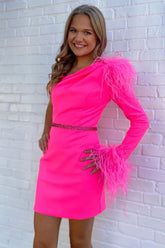Dressystars Fuchsia Homecoming Dress One Shoulder Sequined Tight Short Prom Dress with Feathers