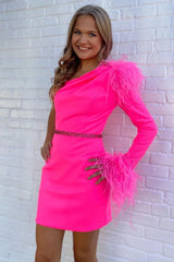 Dressystars Fuchsia Homecoming Dress One Shoulder Sequined Tight Short Prom Dress with Feathers