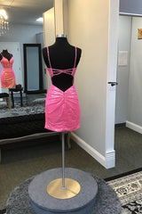 Dressystars Fuchsia Homecoming Dress Open Back Corset Tight Short Sequin Prom Dress
