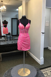 Dressystars Fuchsia Homecoming Dress Open Back Corset Tight Short Sequin Prom Dress