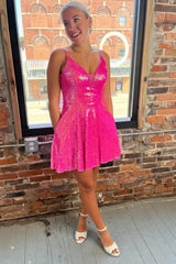Dressystars Fuchsia Homecoming Dress Sequin A Line Short Prom Dress