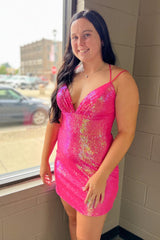 Dressystars Fuchsia Homecoming Dress Sequin Backless Tight Short Prom Dress