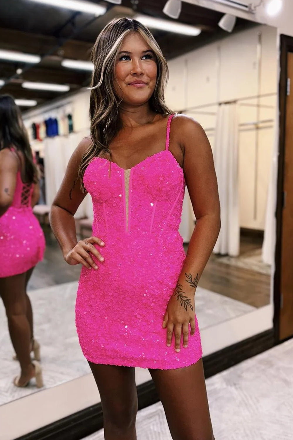 Dressystars Fuchsia Homecoming Dress Sequin Corset Tight Short Prom Dress
