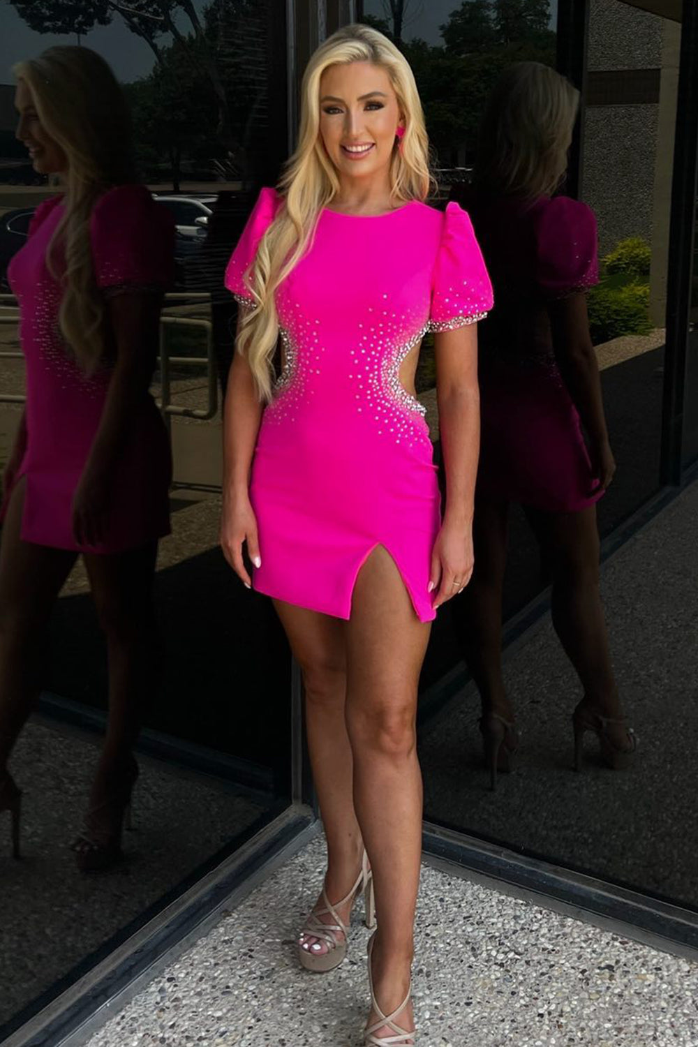 Dressystars Fuchsia Homecoming Dress Sequin Cut Out Tight Short Prom Dress