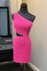 Dressystars Fuchsia Homecoming Dress Sequin Fringed Cut Out Tight Short Prom Dress