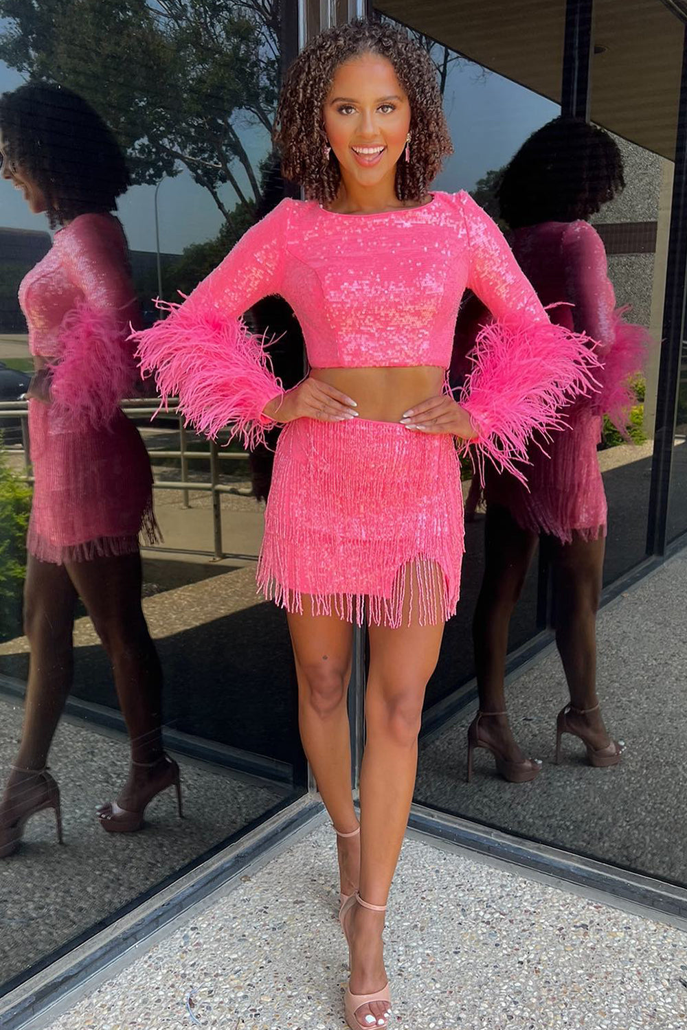 Dressystars Fuchsia Homecoming Dress Sequin Fringed Tight Short Prom Dress with Feathers