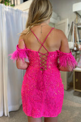 Dressystars Fuchsia Homecoming Dress Sequin Lace Tight Short Prom Dress with Feathers