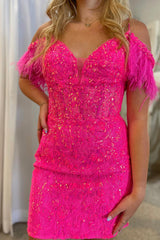 Dressystars Fuchsia Homecoming Dress Sequin Lace Tight Short Prom Dress with Feathers