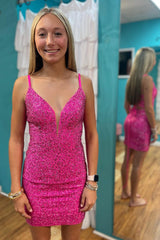 Dressystars Fuchsia Homecoming Dress Sequin Lace-Up Back Tight Short Prom Dress