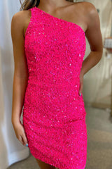 Dressystars Fuchsia Homecoming Dress Sequin One Shoulder Sleeveless Tight Short Prom Dress
