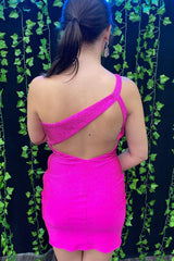 Dressystars Fuchsia Homecoming Dress Sequin Open Back Tight Short Prom Dress