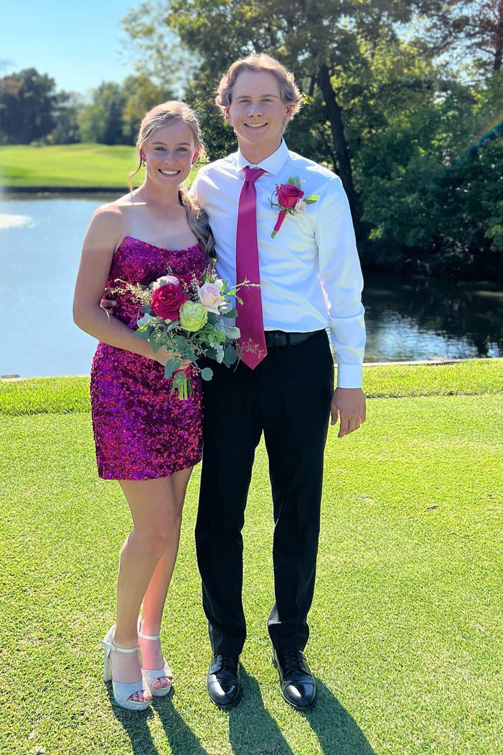 Dressystars Fuchsia Homecoming Dress Sequin Strapless Sleeveless Tight Prom Dress