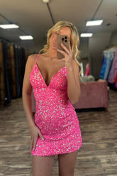 Dressystars Fuchsia Homecoming Dress Sequin Tight Short Prom Dress
