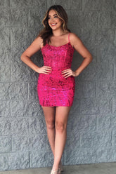 Dressystars Fuchsia Homecoming Dress Sequined Corset Tight Short Prom Dress