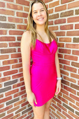 Dressystars Fuchsia Homecoming Dress Sequined Lace-Up Back Tight Short Prom Dress