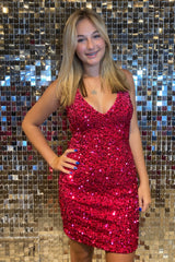 Dressystars Fuchsia Homecoming Dress Sequined Spaghetti Straps Tight Short Prom Dress