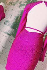 Dressystars Fuchsia Homecoming Dress Sequined Tight Short Prom Dress with Sleeves