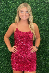 Dressystars Fuchsia Homecoming Dress Sleeveless Sequin Tight Short Prom Dress