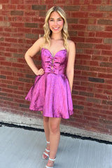 Dressystars Fuchsia Homecoming Dress Strapless A Line Short Prom Dress With Bow