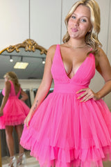 Dressystars Fuchsia Homecoming Dress V-Neck Tulle A-Line Short Prom Dress