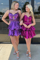 Dressystars Fuchsia Metallic A Line Homecoming Dresses Pleated Short Cocktail Dresses With Ruffles
