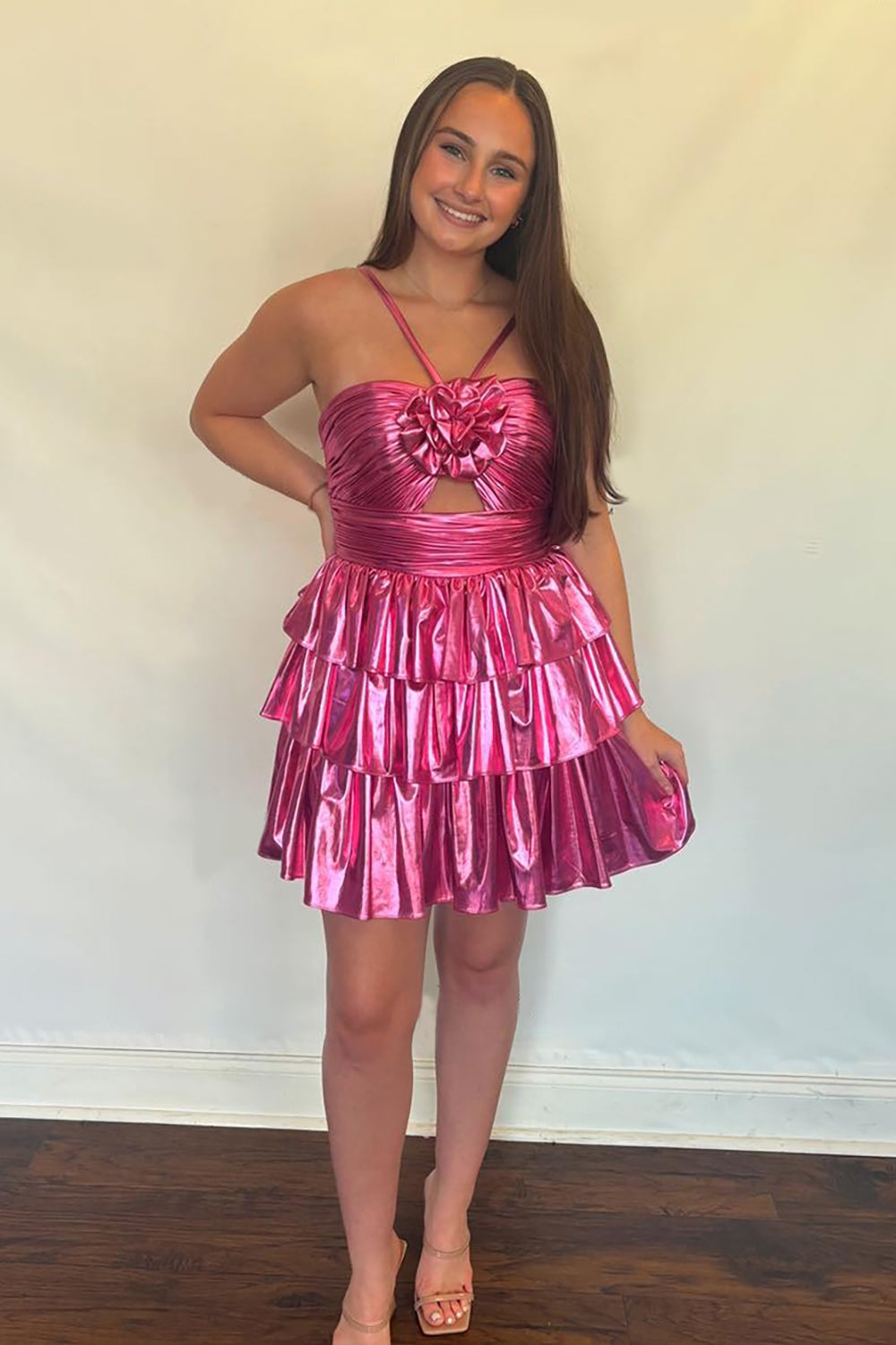 Dressystars Fuchsia Metallic Homecoming Dresses Floral Short Cocktail Dresses With Ruffles