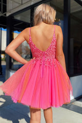 Dressystars Fuchsia Orange Homecoming Dress Tulle Spaghetti Straps Party Dress with Appliques