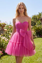 Dressystars Fuchsia Sweetheart Ruched A-Line Short Homecoming Dress with Bow