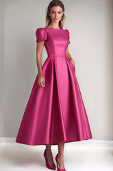 Dressystars Fuchsia Wedding Guest Dress A Line Satin Formal Dress With Puff Sleeves